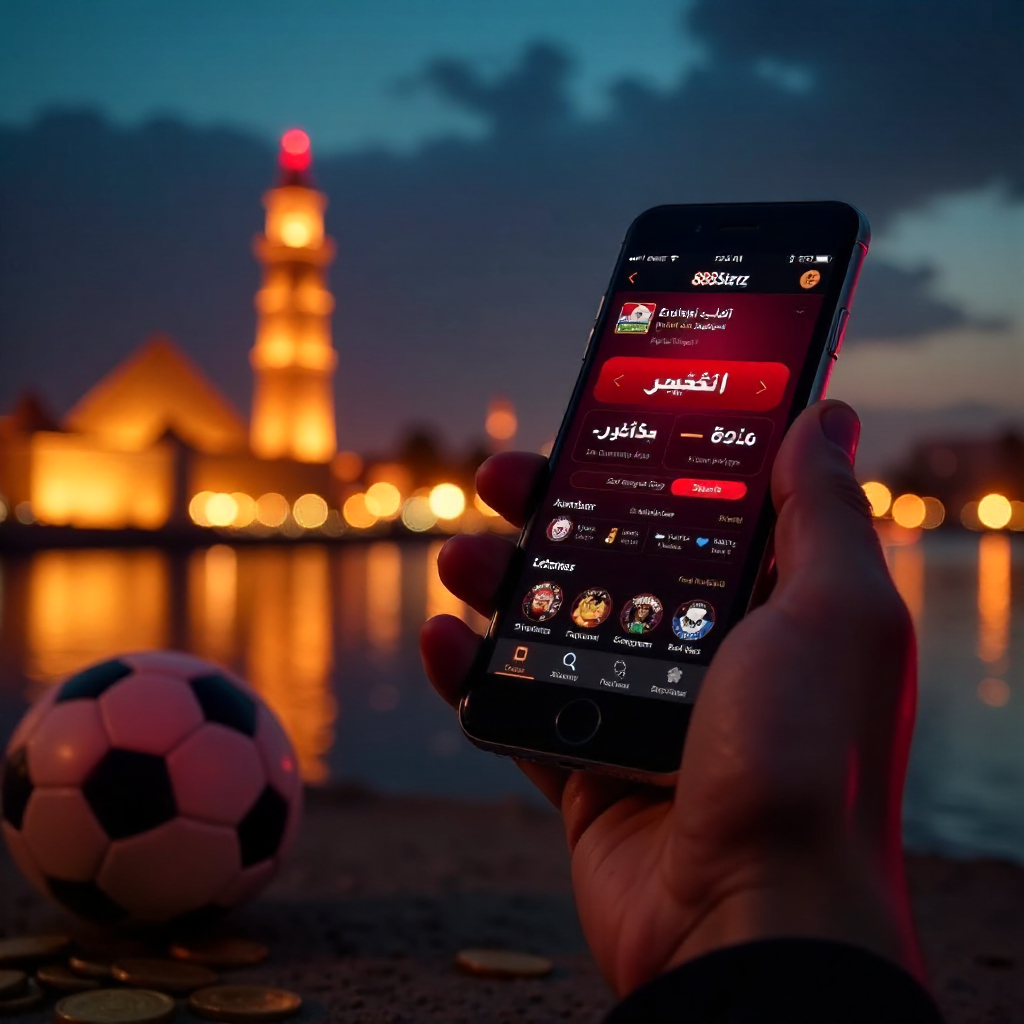 A hand holding a luxury smartphone displaying the official 888starz Egypt app with a sleek red and black interface in Arabic, background is the Cairo Tower and the Nile River at night with vibrant golden and red bokeh lights, 3D golden coins and a soccer 